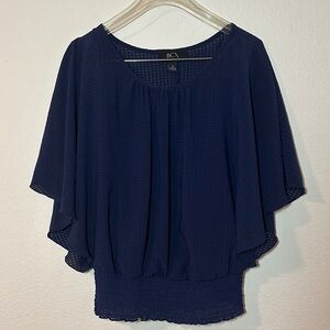 BCX Navy Blue Flutter Sleeve Smocked Waist Blouse – Size S, Sheer Overlay w Cami